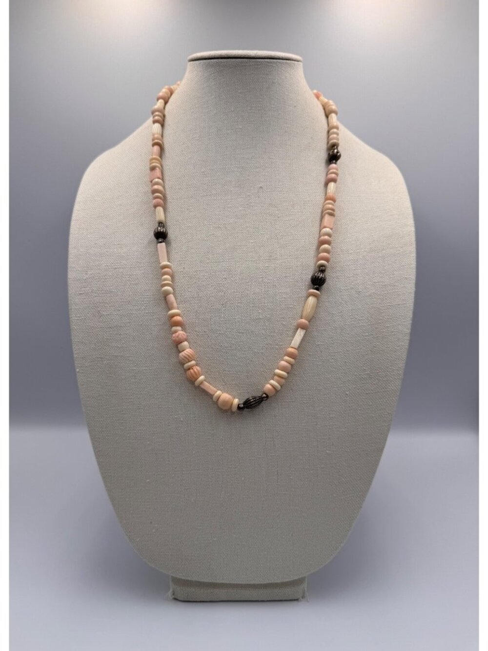 Southwestern Carved Bovine Bone Bead Necklace Pink Cream Silver Tone 28.5”